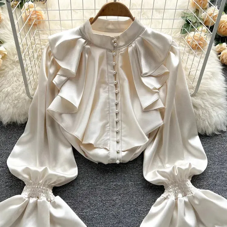 SINGREINY High Quality Satin Loose Shirt with Ruffles Sleeves