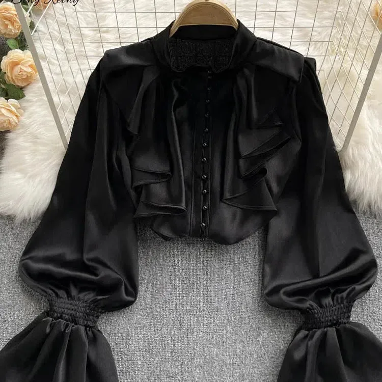 SINGREINY High Quality Satin Loose Shirt with Ruffles Sleeves