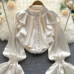 SINGREINY High Quality Satin Loose Shirt with Ruffles Sleeves
