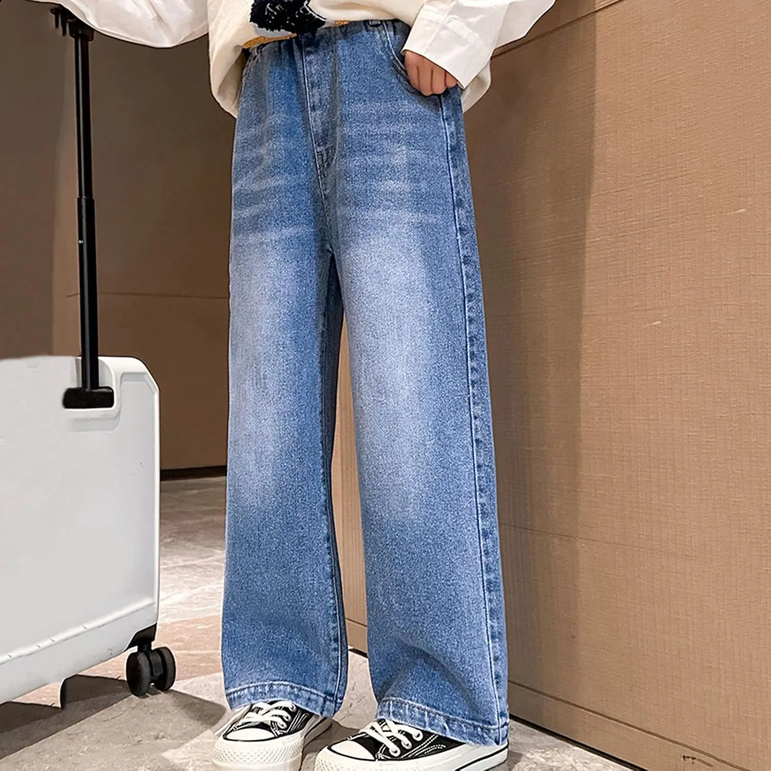Straight Leg Jeans for Girls High Waisted Jeans Baggy Pants Hem Loose Stretchy Kids Cropped Wide Leg Jeans