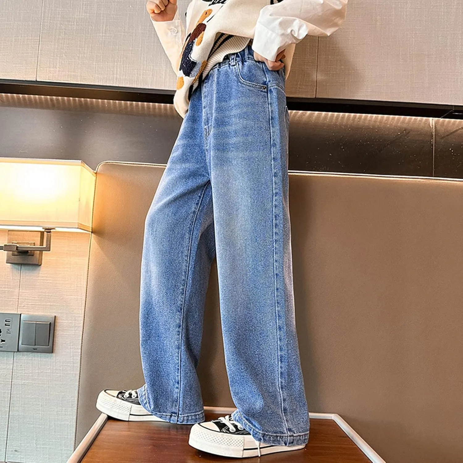 Straight Leg Jeans for Girls High Waisted Jeans Baggy Pants Hem Loose Stretchy Kids Cropped Wide Leg Jeans