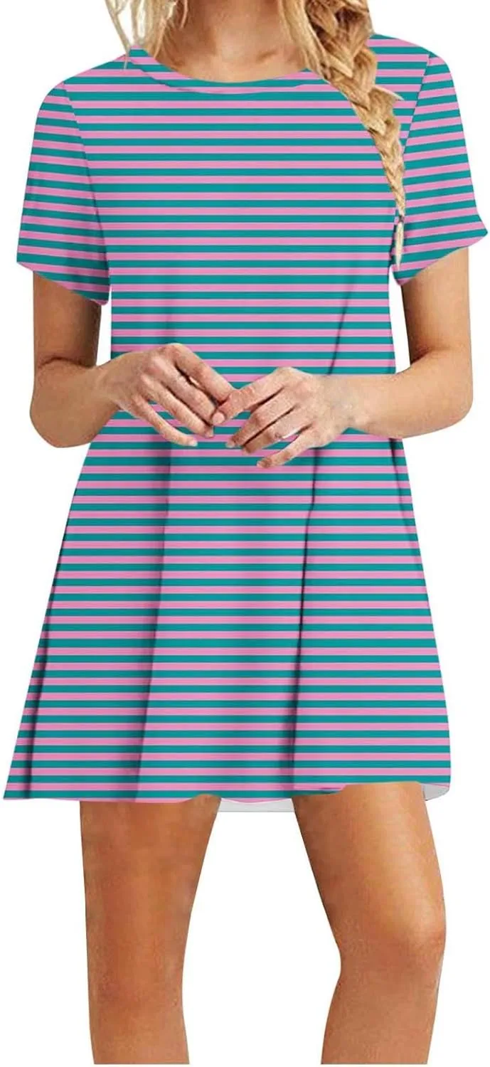 Striped T Shirt Dress for Women Summer Short Sleeve Dress Crew Neck Loose Dress Trendy Casal Dress Sun Beach Dress