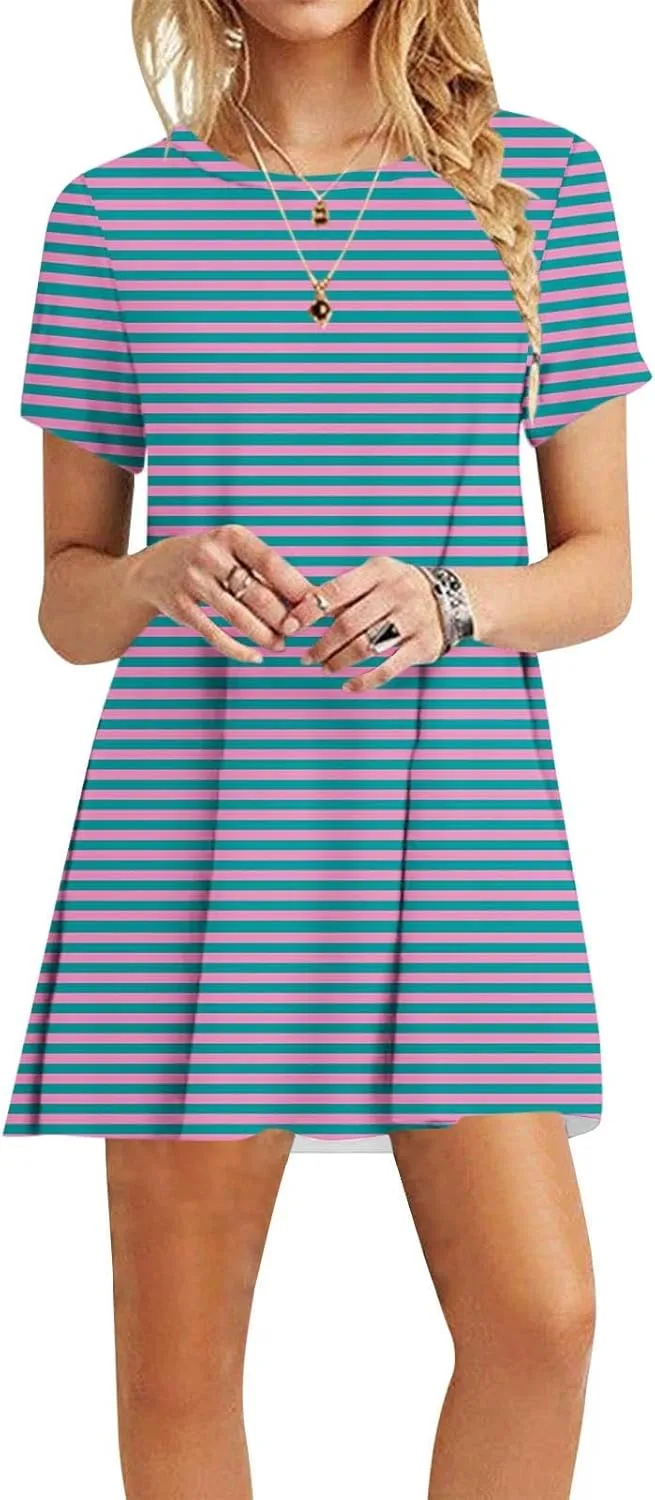 Striped T Shirt Dress for Women Summer Short Sleeve Dress Crew Neck Loose Dress Trendy Casal Dress Sun Beach Dress