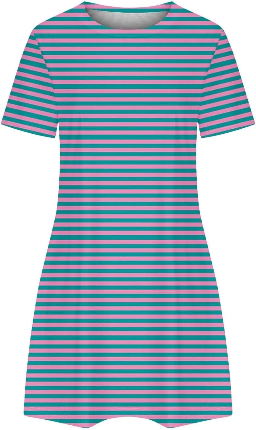Striped T Shirt Dress for Women Summer Short Sleeve Dress Crew Neck Loose Dress Trendy Casal Dress Sun Beach Dress