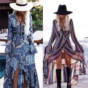 Summer Boho Style Women Long Maxi Vintage Floral V Neck High Split