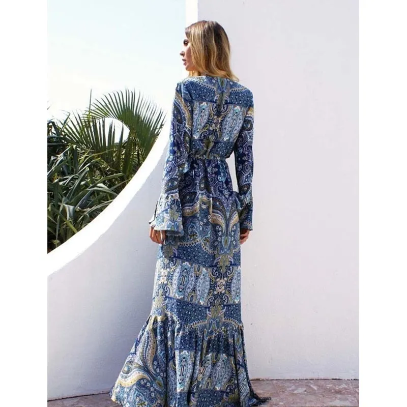 Summer Boho Style Women Long Maxi Vintage Floral V Neck High Split