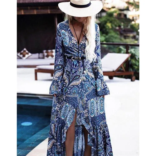 Summer Boho Style Women Long Maxi Vintage Floral V Neck High Split