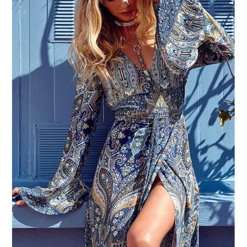 Summer Boho Style Women Long Maxi Vintage Floral V Neck High Split