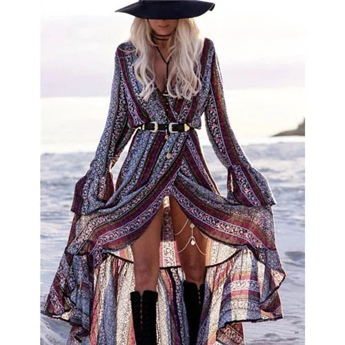 Summer Boho Style Women Long Maxi Vintage Floral V Neck High Split