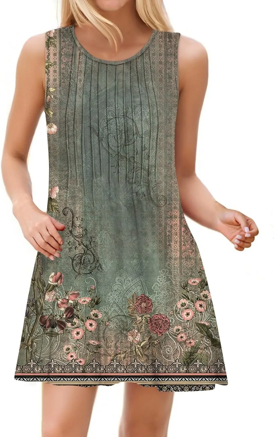 Summer Dresses for Women 2025 Beach Vacation Spring Clothes Sleeveless Round Neck Folds Printed Sun Dress