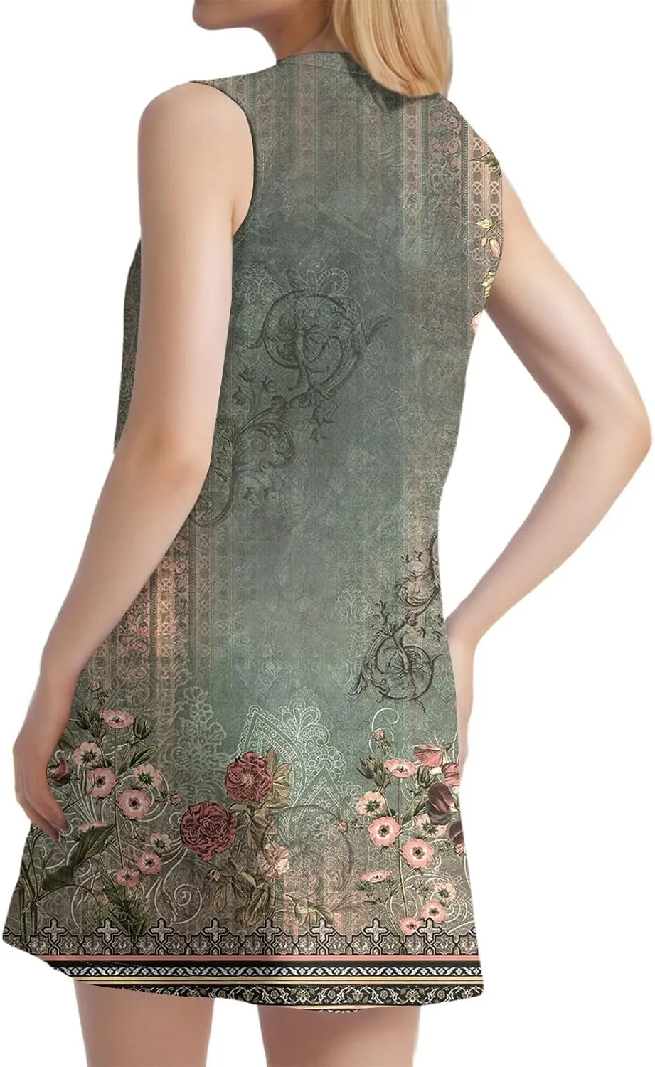 Summer Dresses for Women 2025 Beach Vacation Spring Clothes Sleeveless Round Neck Folds Printed Sun Dress