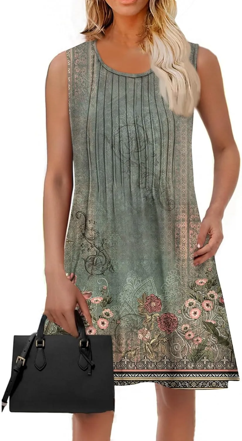 Summer Dresses for Women 2025 Beach Vacation Spring Clothes Sleeveless Round Neck Folds Printed Sun Dress