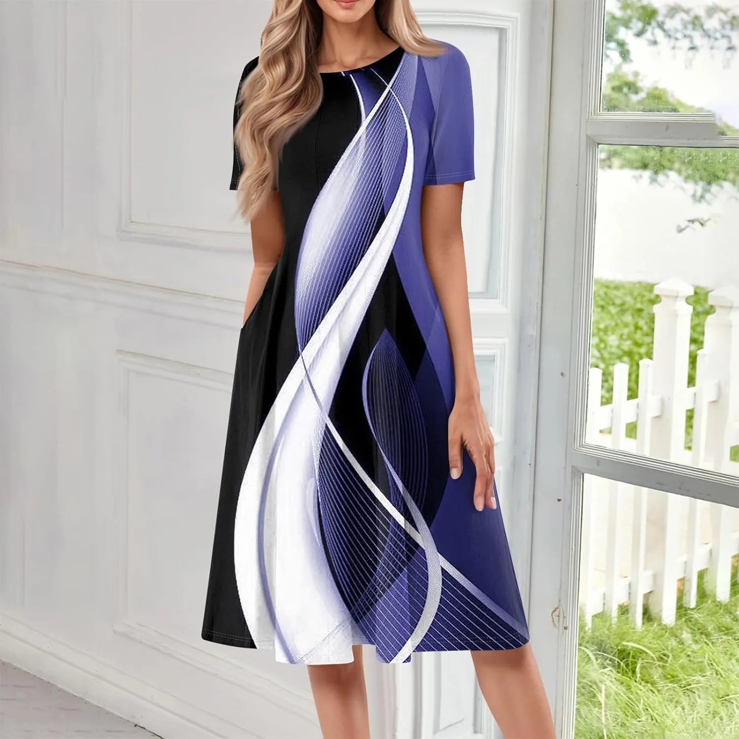 Summer Dresses for Women 2025 Midi Short Sleeve Round Neck Dresses Elegant Pleated with Side Pocket A Line Dress
