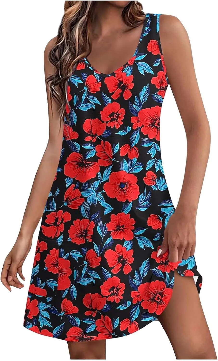 Summer Dresses for Women Sleeveless Boho Print Mini Dress Casual V Neck Beach Vacation Outfits Trendy