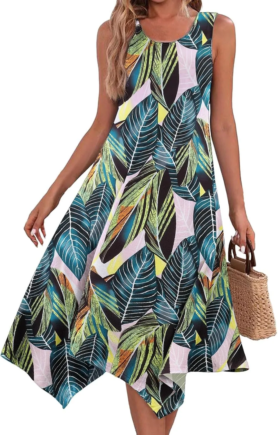 Summer Dresses for Women Summer Casual Flowy Sundresses Beach Hankerchief Hem Midi Tank Dresses Floral Sleeveless Dress