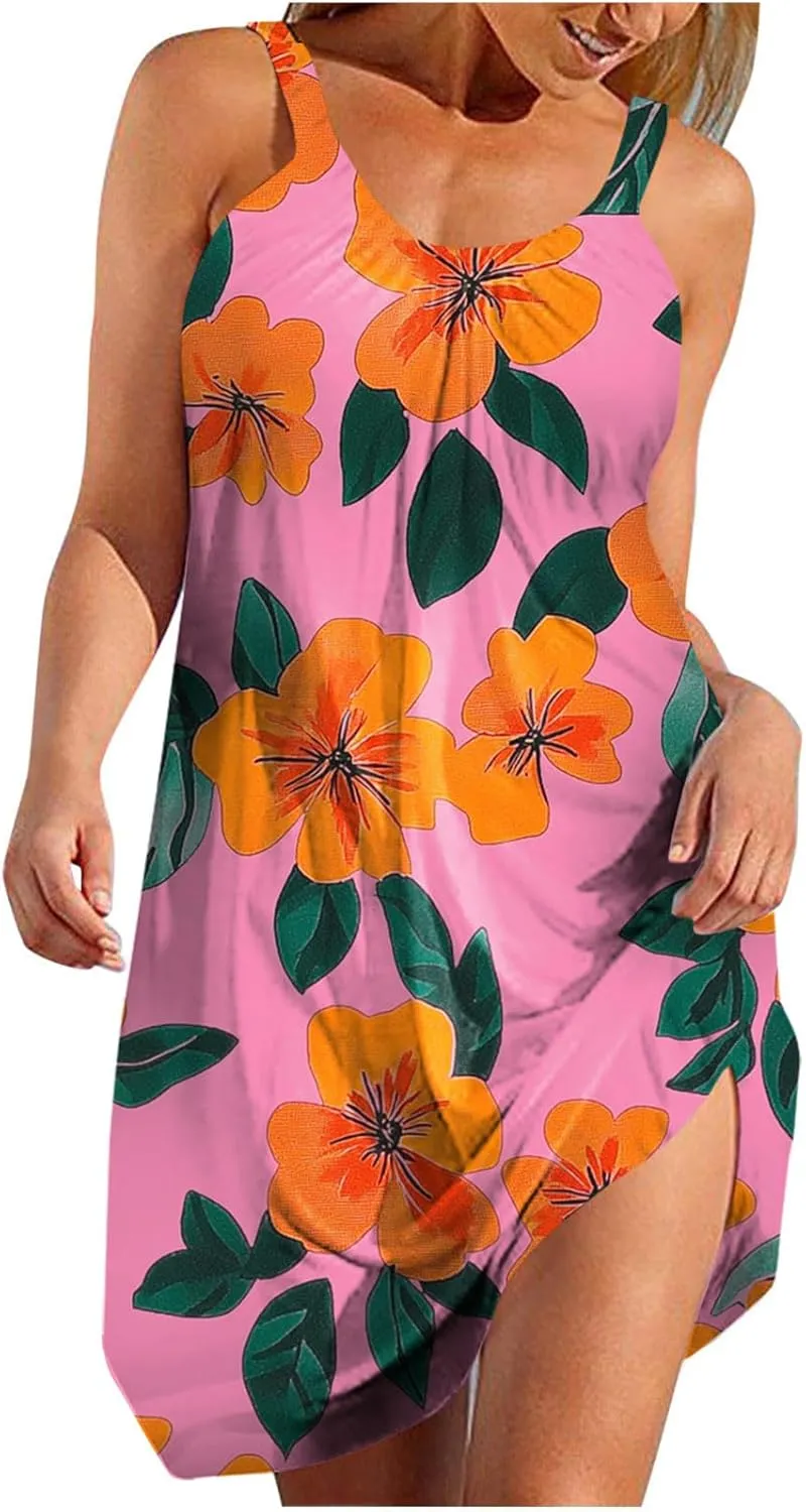 Summer Fashion Print Beach Short Dress for Women, Sleeveless Strappy Sundress Comfy Breathable Trendy Clothes