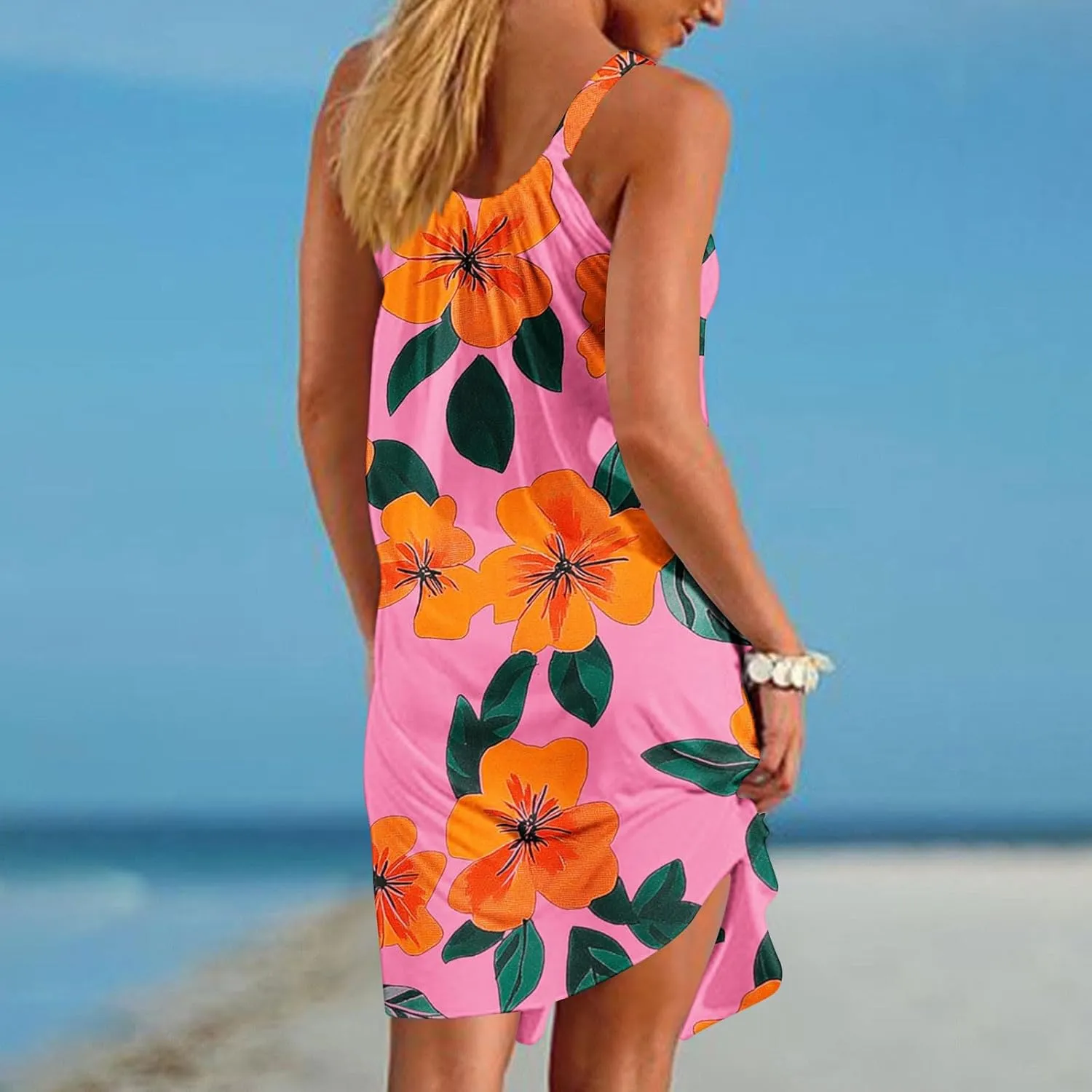 Summer Fashion Print Beach Short Dress for Women, Sleeveless Strappy Sundress Comfy Breathable Trendy Clothes