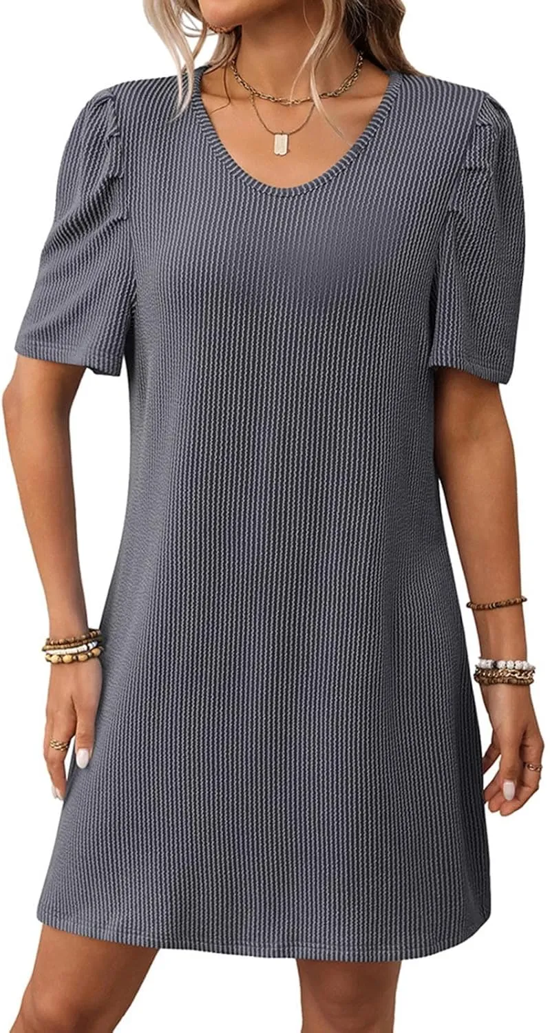 Summer Stripe Dresses for Women Casual Short Sleeve Loose Fit Crew Neck Dress Fashion Pleated Vacation Sundress
