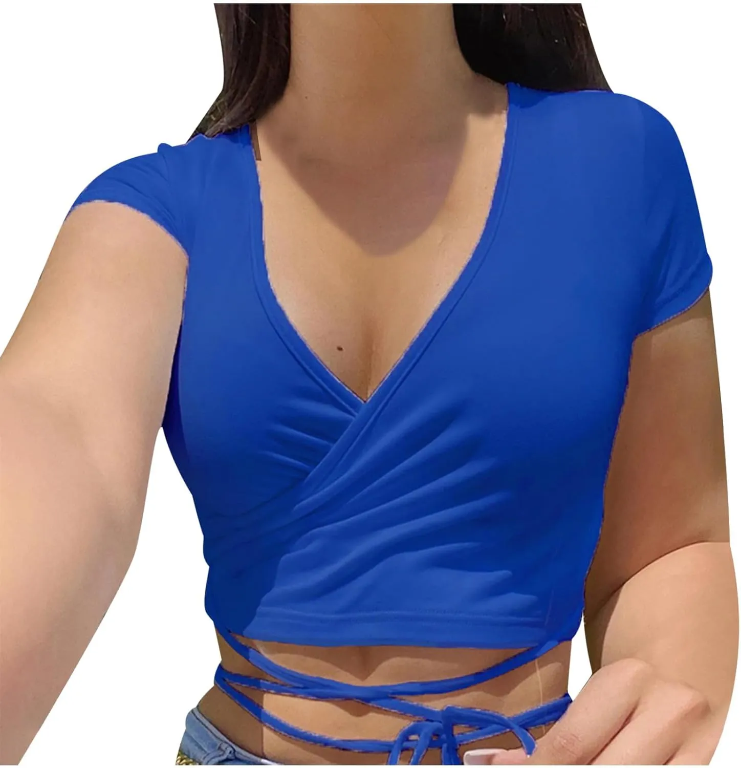 Summer Women's Sexy Wrap V Neck Short Sleeve Shirts Slim Fit Criss Cross Tie Front Crop Tops Going Out Tee