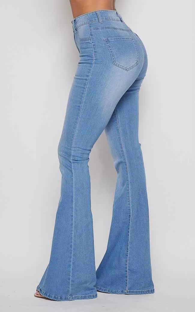 Super High Waisted Stretchy Bell Bottoms - Light Denim