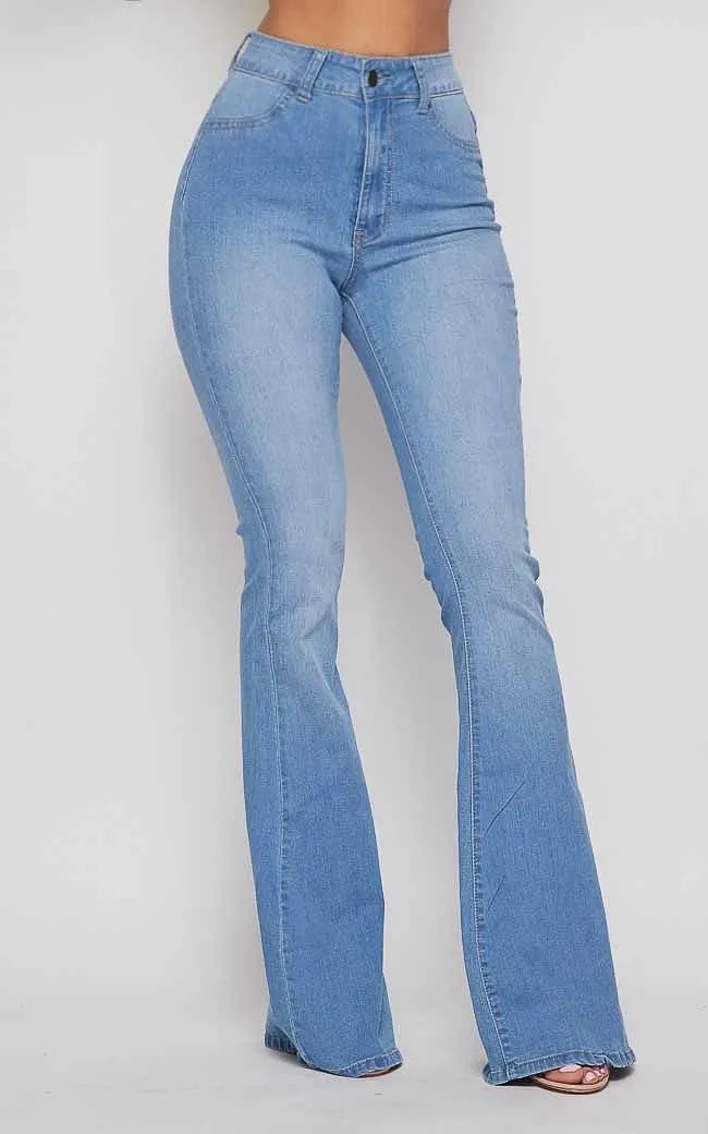 Super High Waisted Stretchy Bell Bottoms - Light Denim
