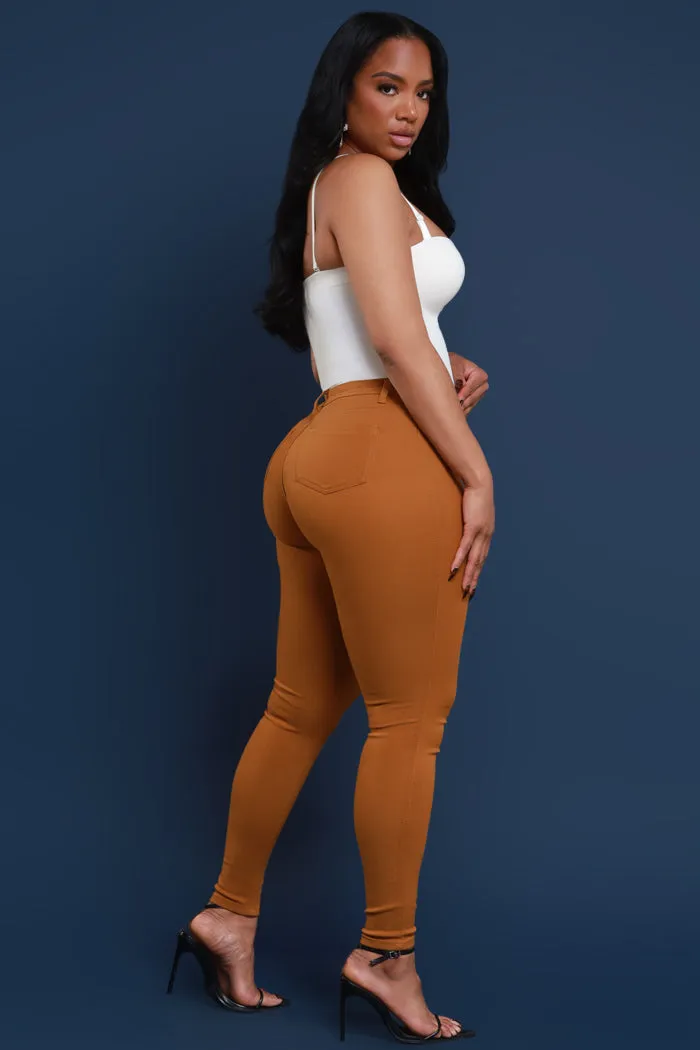 Super Swank High Rise Belt Loop Stretchy Skinny Jeans - Caramel
