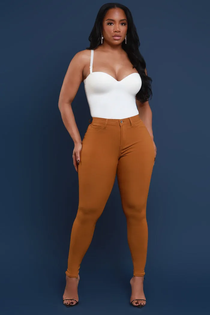 Super Swank High Rise Belt Loop Stretchy Skinny Jeans - Caramel