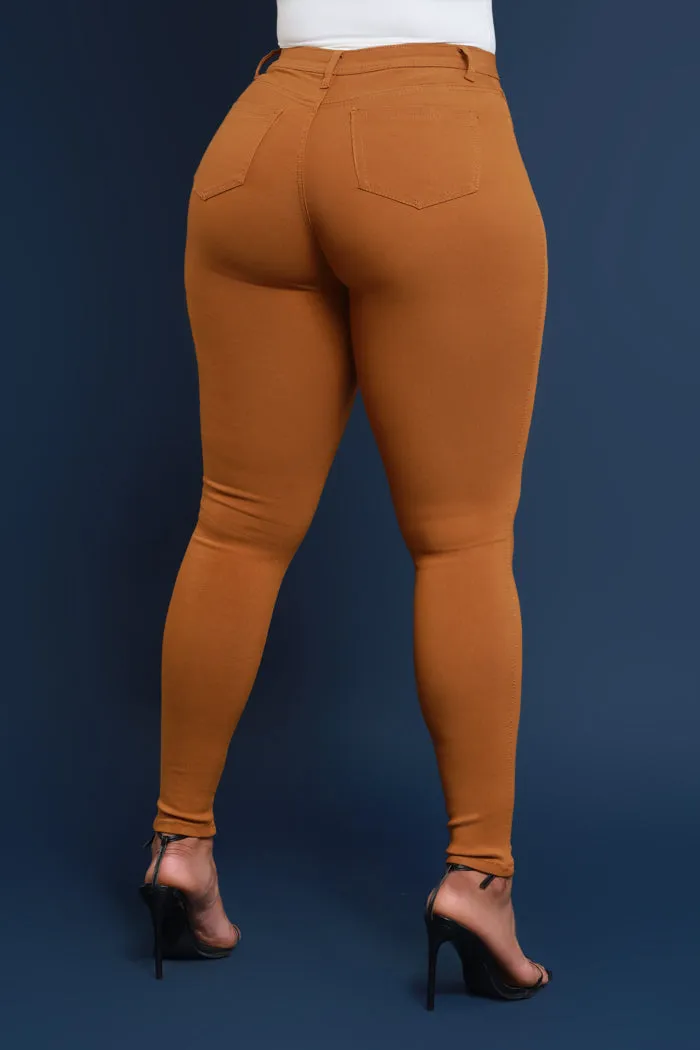 Super Swank High Rise Belt Loop Stretchy Skinny Jeans - Caramel