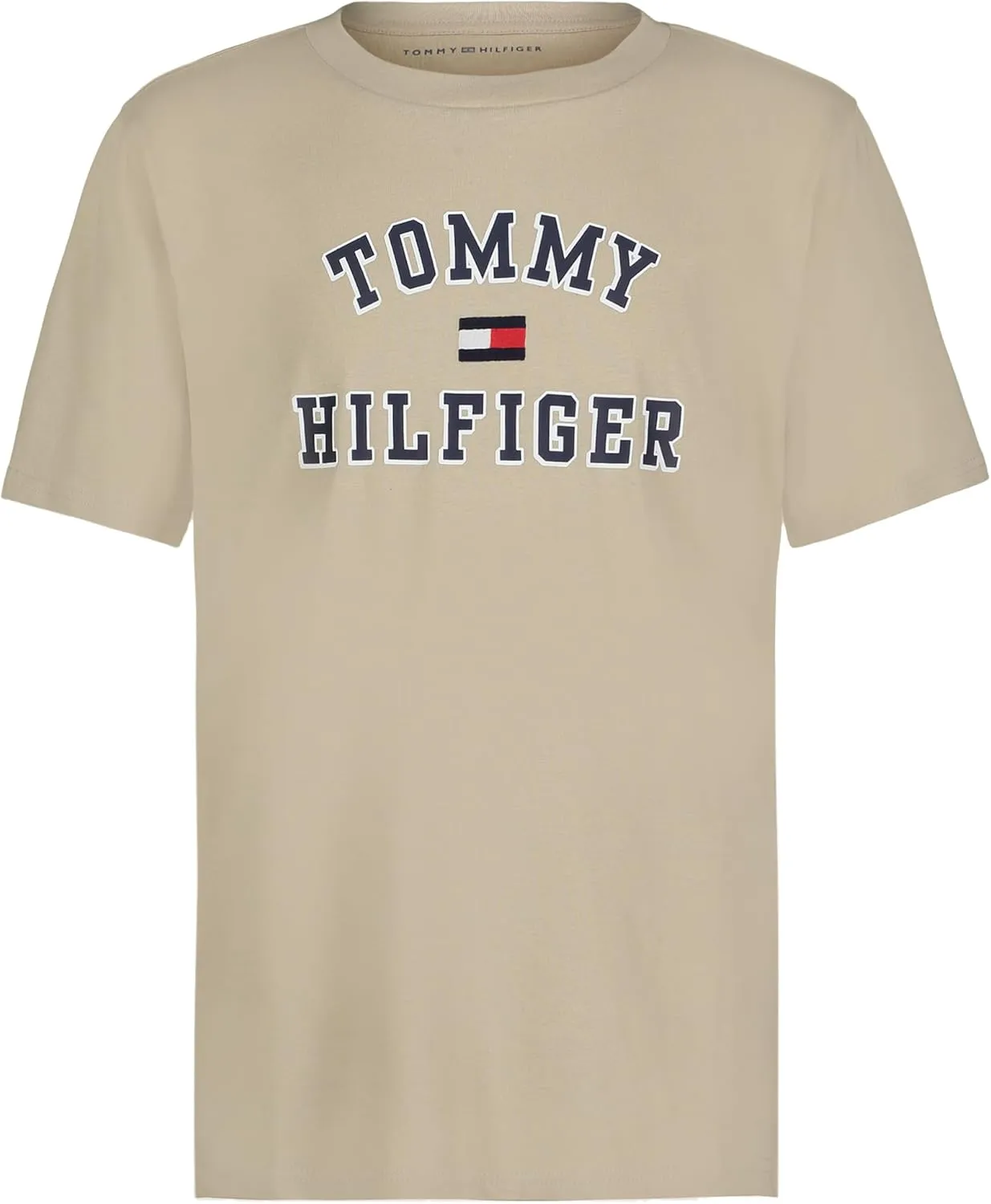 Tommy Hilfiger Boys' Short Sleeve Graphic Crew Neck T-Shirt, Soft, Comfortable, Relaxed Fit, Varsity Sandalwood, 18-20