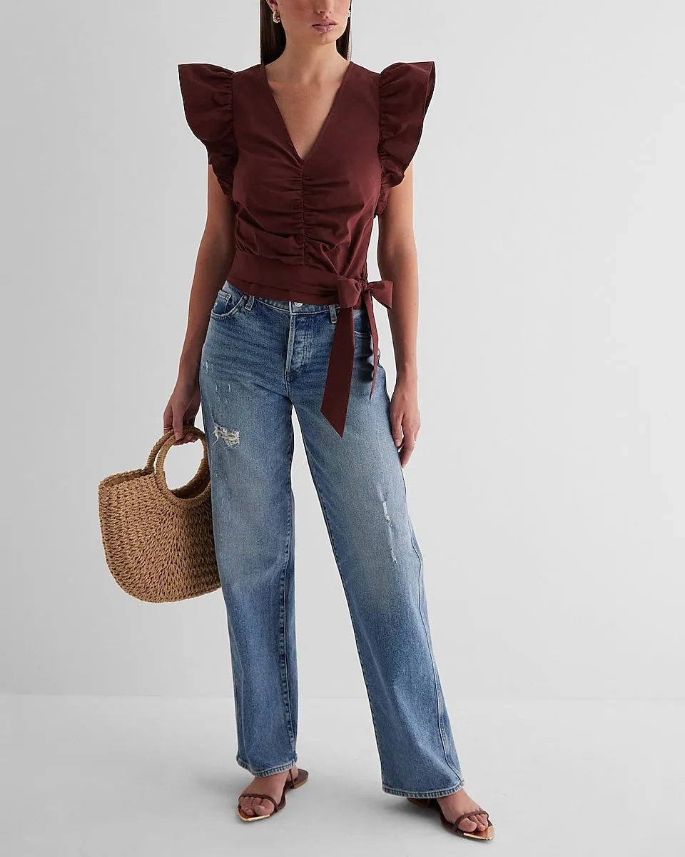 V-Neck Flutter Sleeve Ruched Tie Waist Top in Rum Raisin