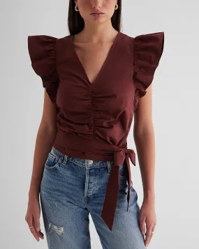 V-Neck Flutter Sleeve Ruched Tie Waist Top in Rum Raisin