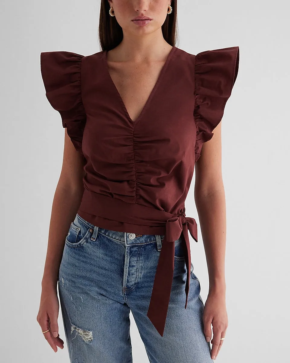 V-Neck Flutter Sleeve Ruched Tie Waist Top in Rum Raisin