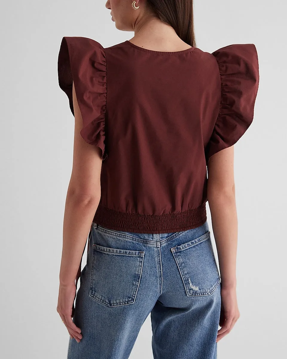 V-Neck Flutter Sleeve Ruched Tie Waist Top in Rum Raisin
