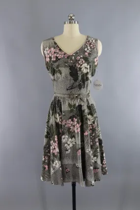 Vintage 1950s Cotton Sundress Olive Green & Pink Floral Print