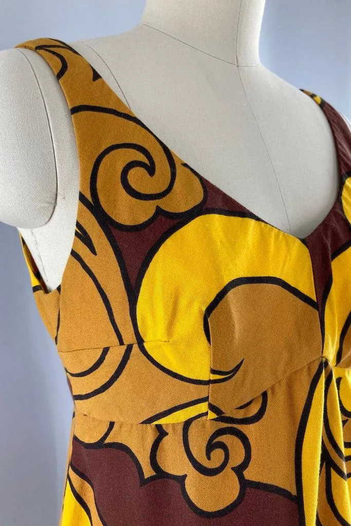 Vintage Brown & Gold Hawaiian Mini Dress