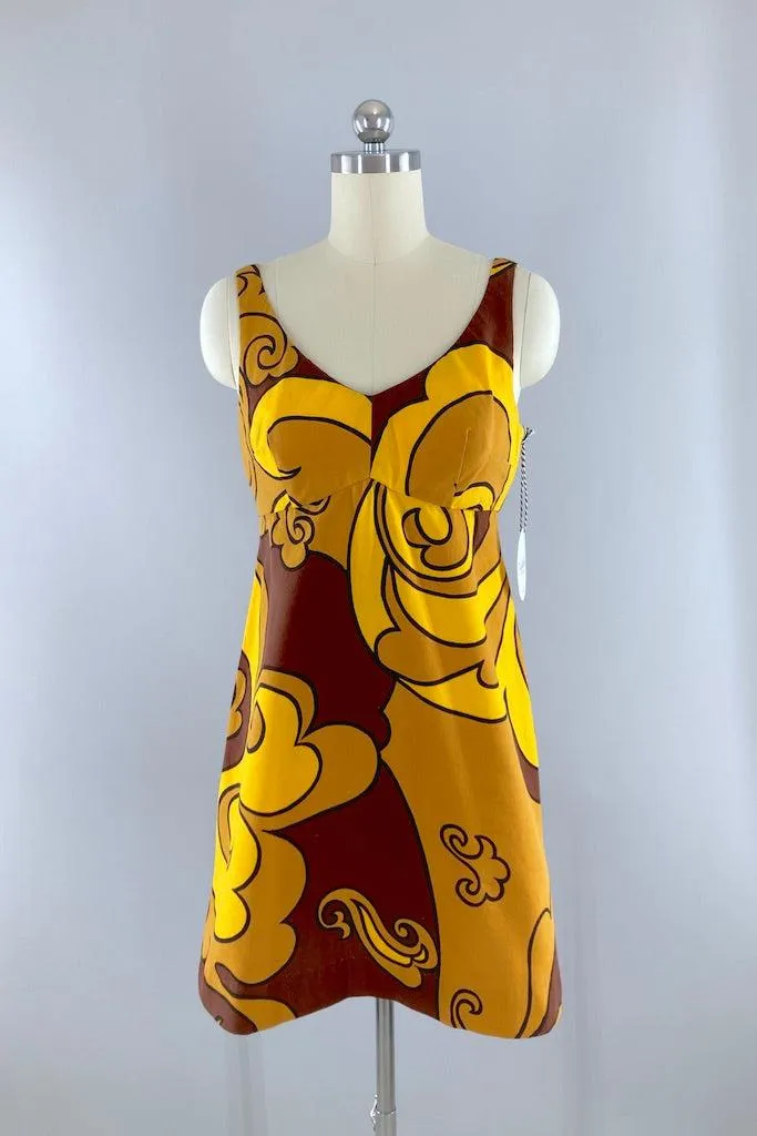 Vintage Brown & Gold Hawaiian Mini Dress