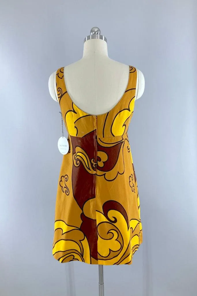 Vintage Brown & Gold Hawaiian Mini Dress