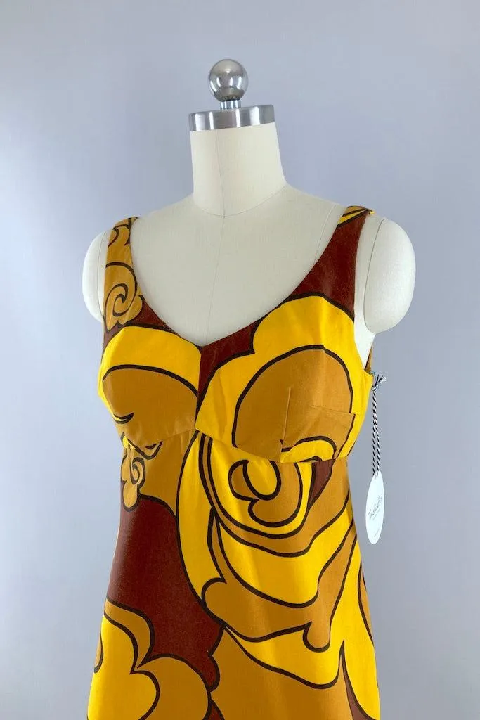 Vintage Brown & Gold Hawaiian Mini Dress
