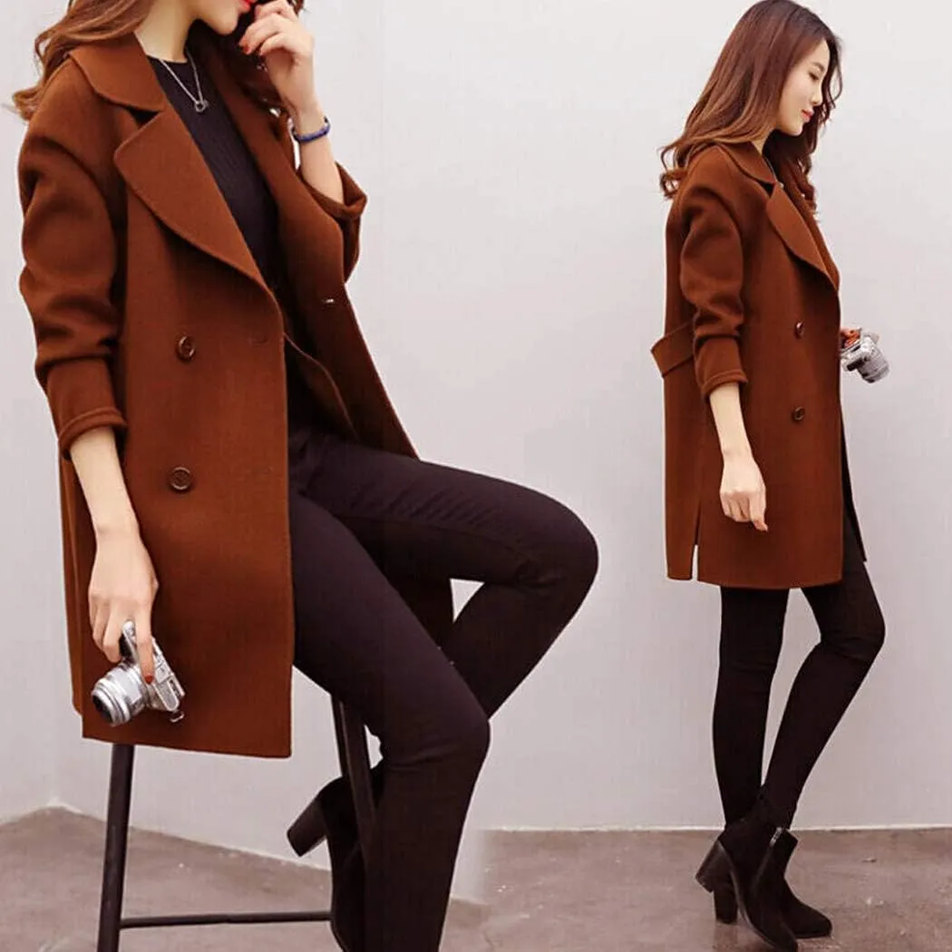 watersouprty Women Elegant Notched Collar Double Breasted Mid-Long Wool Blend Over Coat