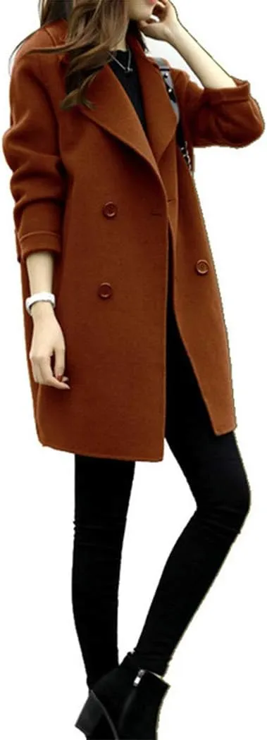 watersouprty Women Elegant Notched Collar Double Breasted Mid-Long Wool Blend Over Coat