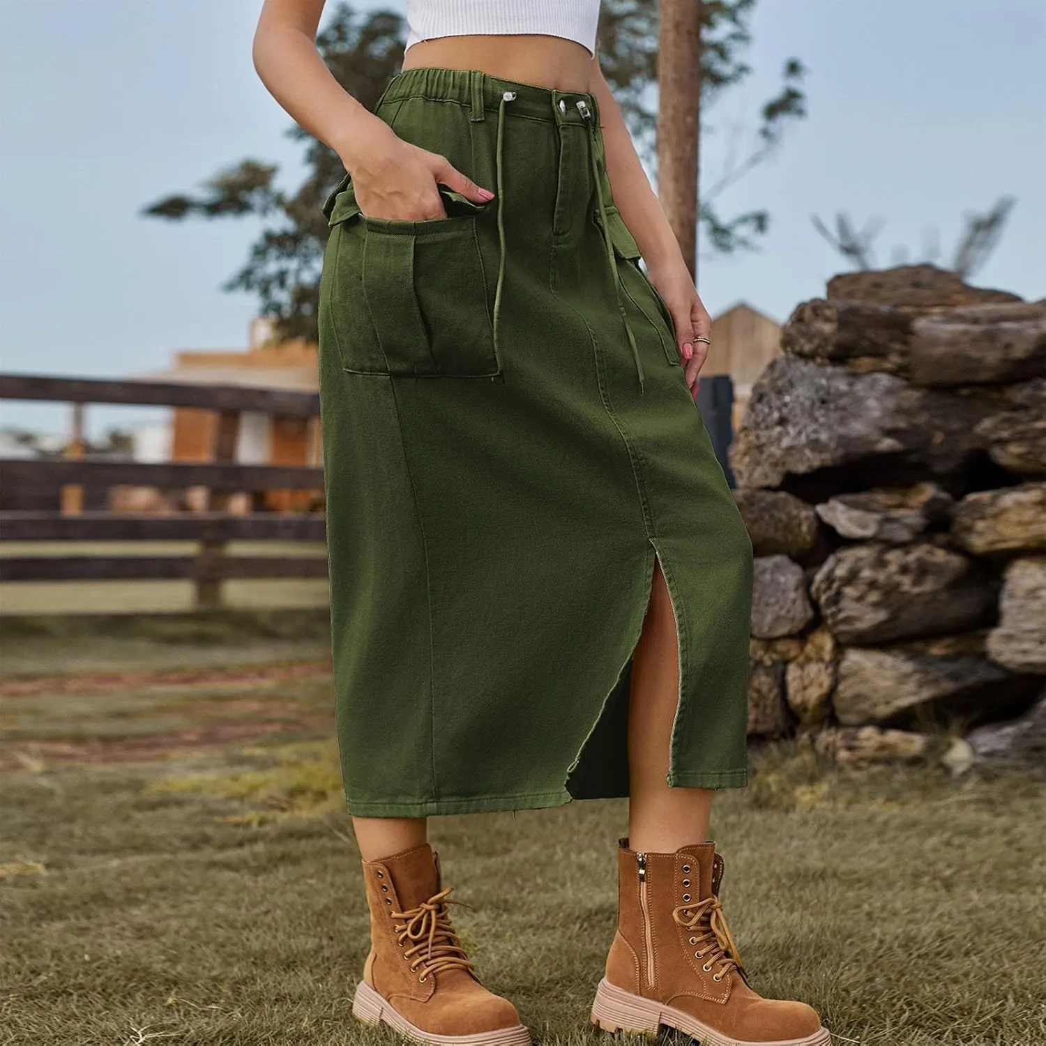 Women Cargo Skirt with Pockets Denim Skirt Elastic High Waist Loose Fit Skirt Summer Front Split Skirt Casual Skirt