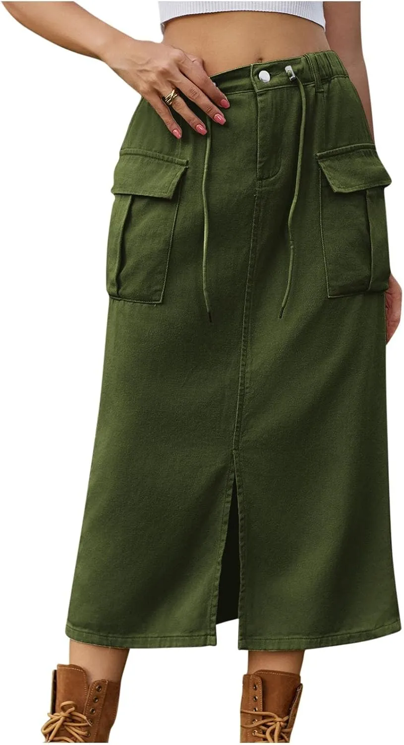 Women Cargo Skirt with Pockets Denim Skirt Elastic High Waist Loose Fit Skirt Summer Front Split Skirt Casual Skirt