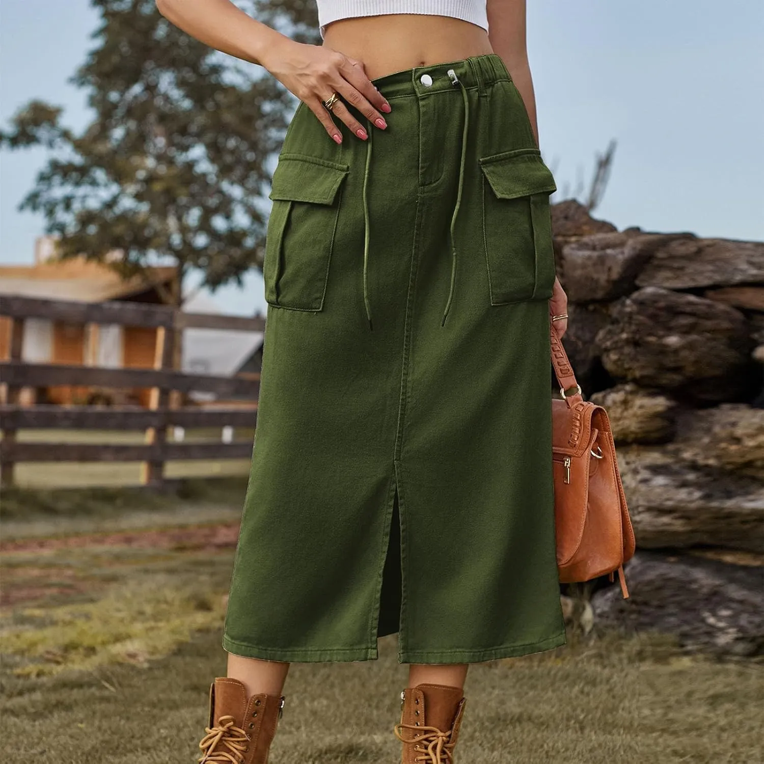 Women Cargo Skirt with Pockets Denim Skirt Elastic High Waist Loose Fit Skirt Summer Front Split Skirt Casual Skirt