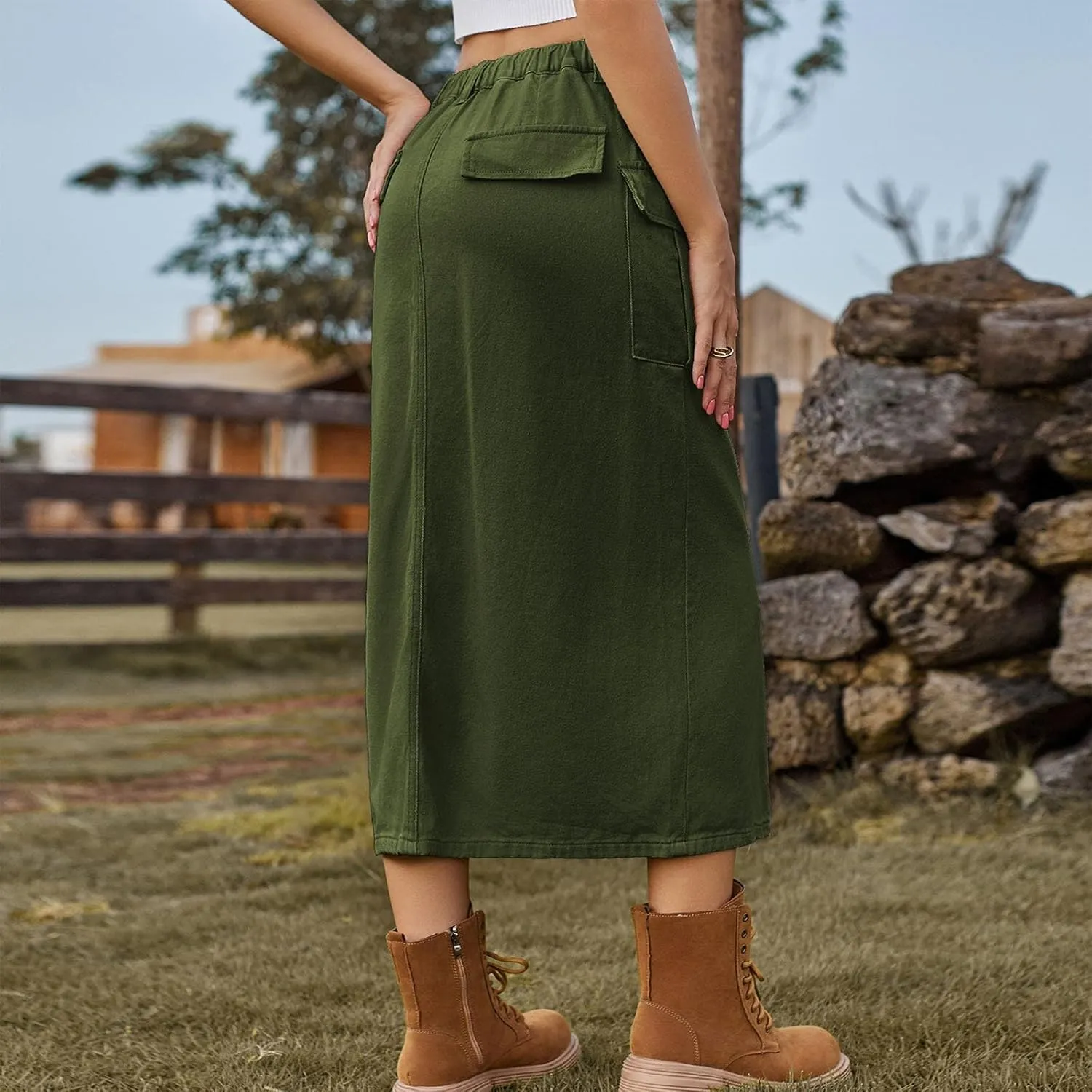 Women Cargo Skirt with Pockets Denim Skirt Elastic High Waist Loose Fit Skirt Summer Front Split Skirt Casual Skirt