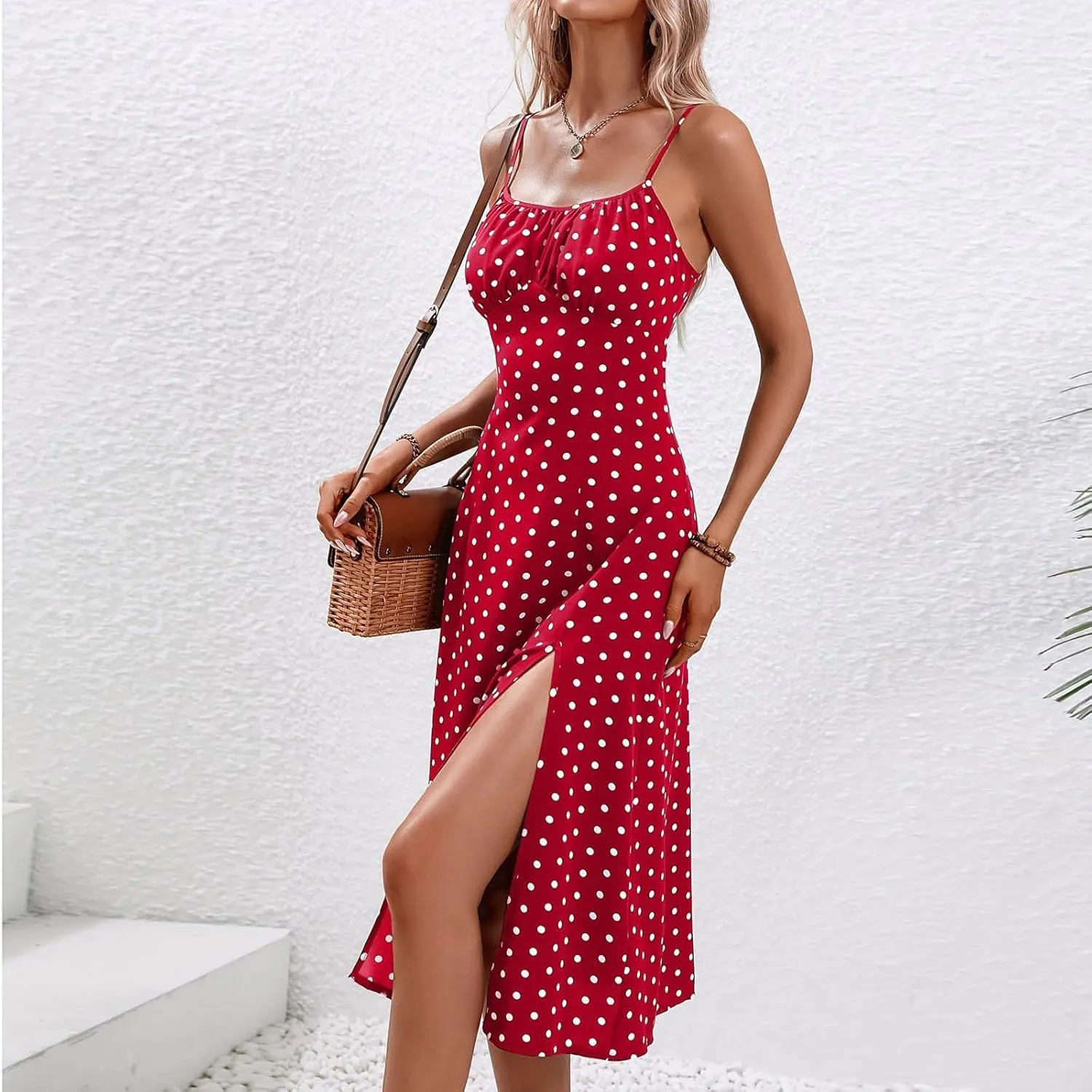 Women Polka Dot Summer Dresses Spaghetti Strap Beach Sundresses Casual Slit Dress Trendy Vacation Resort Clothing