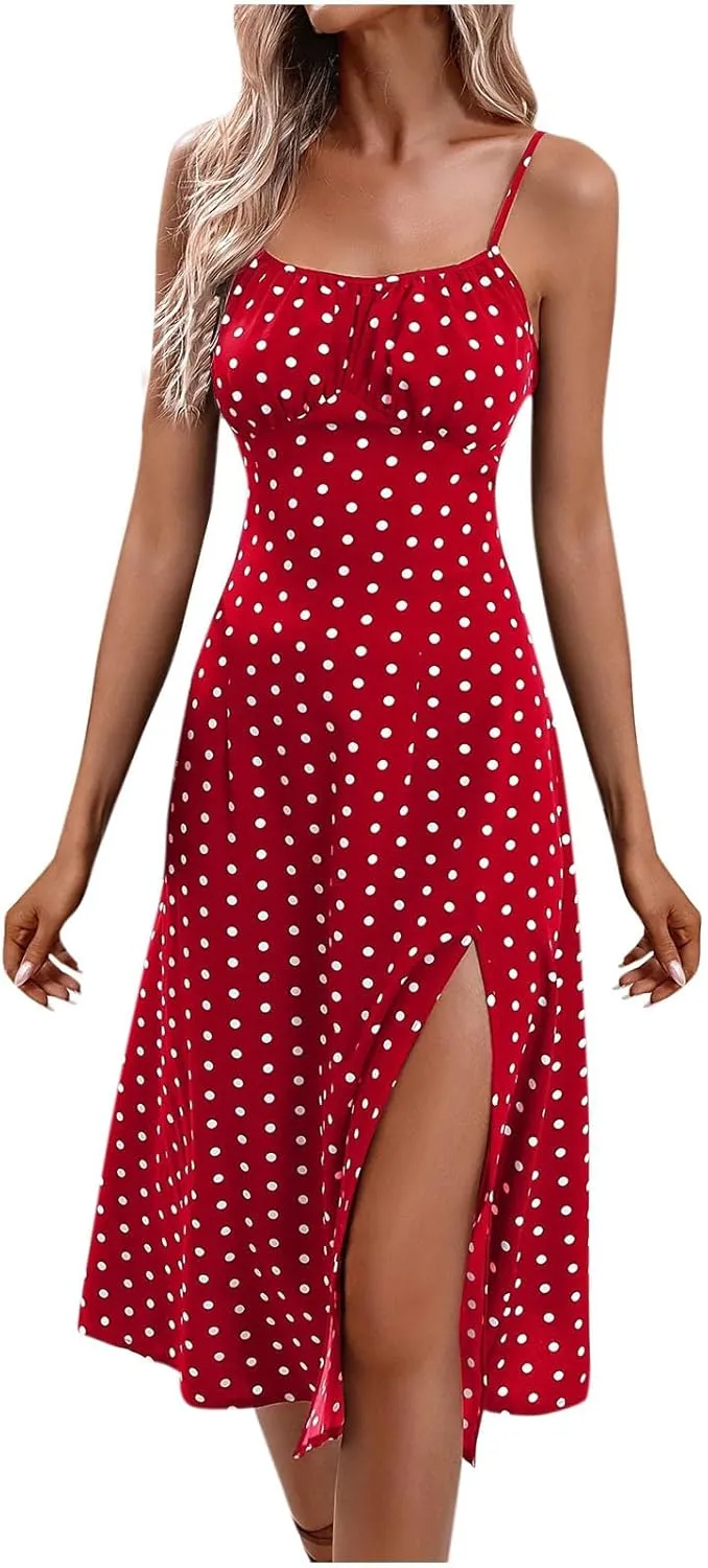 Women Polka Dot Summer Dresses Spaghetti Strap Beach Sundresses Casual Slit Dress Trendy Vacation Resort Clothing