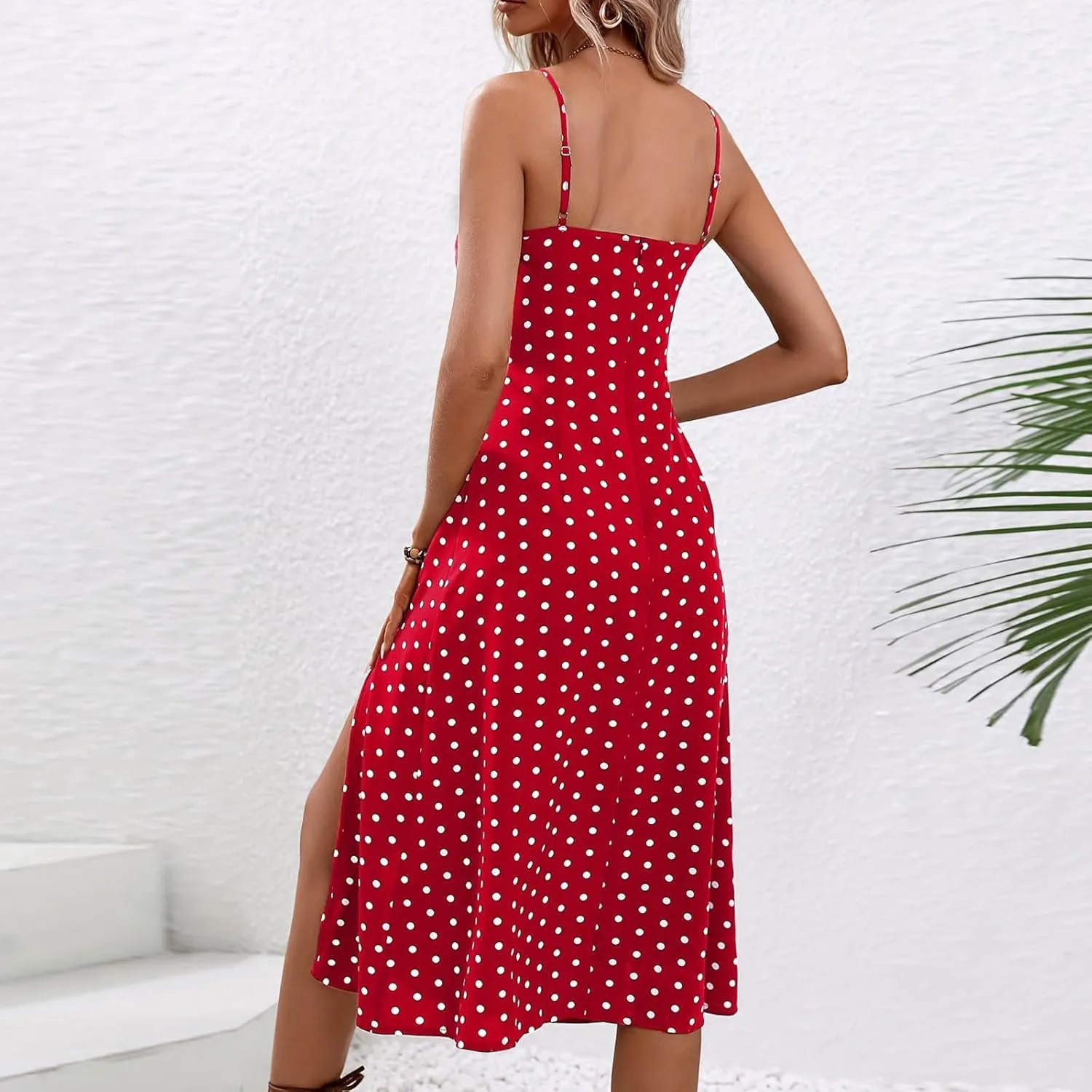 Women Polka Dot Summer Dresses Spaghetti Strap Beach Sundresses Casual Slit Dress Trendy Vacation Resort Clothing