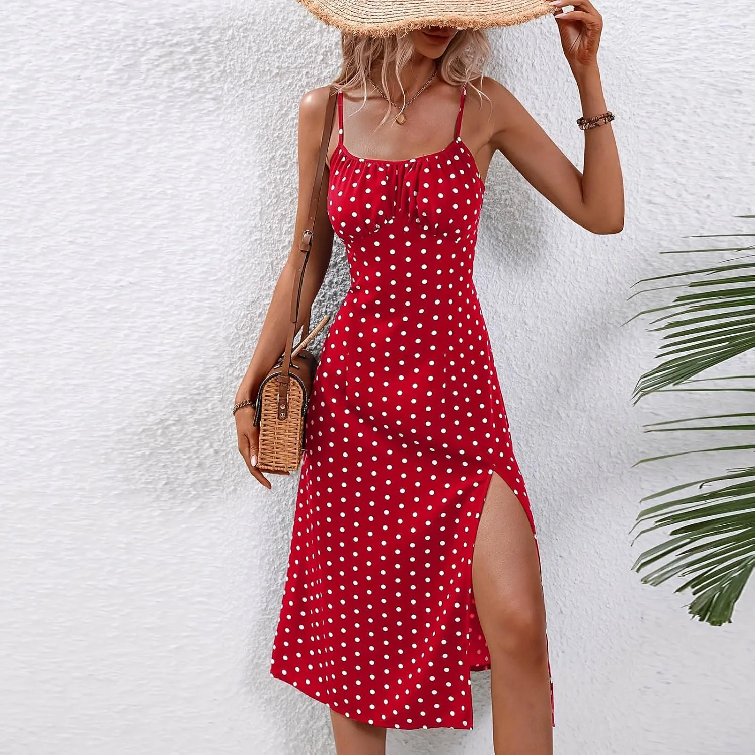 Women Polka Dot Summer Dresses Spaghetti Strap Beach Sundresses Casual Slit Dress Trendy Vacation Resort Clothing