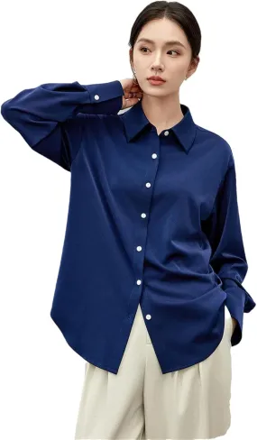 Women Solid Satin Shirt Straight Lapel Single Breasted Blouse Long Sleeve Buttons Blouse