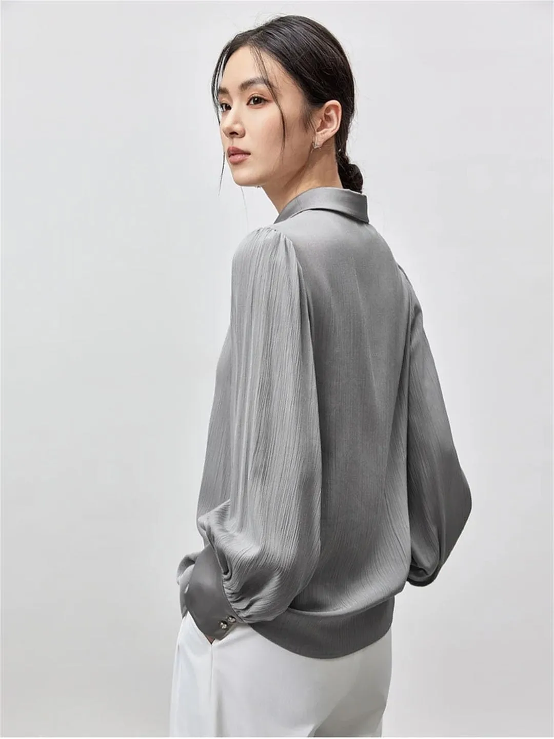 Women Solid Straight Blouse Casual Turn-Down Collar Long Sleeve Blouse Office Lady Shirt Top